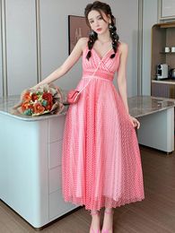 New Casual Dresses 2024 Summer Women Maxi Dress Sweet Beach Boho Mesh Red Dot V-neck Strap Slip Pleated Swing Robes Holiday Vestido