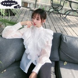 Men's Swimwear Embroidery Ruffle Vintage White Shirt Office Ladies Stand Collar Blouse Design Splice Loose Fit Shirts Female Cotton Blouses 230420