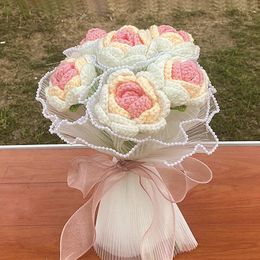 Decorative Hand knitted artificial flower products sunflowers roses tulips fake simulated flower bouquets family wedding decorations 231121