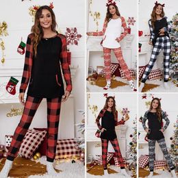 Women's Sleepwear Christmas Two Pieces Fashion Women Pyjama Sets Printed Long Sleeve Loose T Shirt Top Plaid Pants Suit Casual Home Clothes