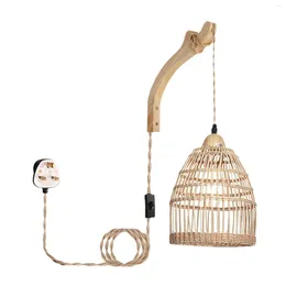 Wall Lamp Handwoven Shade Sconce With Wood Arm Boho E26 Base Mounted Light Fixtures For Bedside Indoor Porch