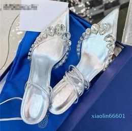 Sandals Rhinestone Pvc Women Shoes Pointy Toe Ankle Cross Tied High Heel Woman Sexy Diamond Party Runway Female