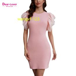 Dear-Lover Pink Ruffle Tulle Sleeve Ribbed Evening Bodycon Dress Boutique Sexy Spring 2023 Women s Clothing