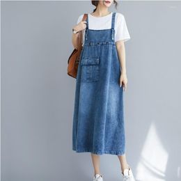 Casual Dresses #2109 Summer Overalls Spaghetti Straps Dress Vintage Sleeveless Denim Women Loose A-line Midi Female With Pockets