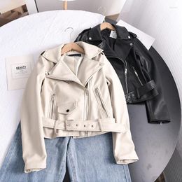 Women's Leather BabYoung 2023 Spring Autumn Soft Faux Short Jacket With Belt Women Lapel Pu Coat Black Zipper Moto Biker Outwear