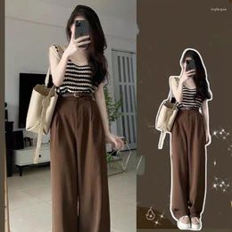 Women's Two Piece Pants Clothes For Women Set 2023 Summer Korean Age Reducing Stripe Knitted Tank Top Slender Wide Leg Fashion Sets