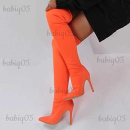 Boots New Knee High Boots Suede Side Zip Women Shoes Stiletto Heel Orange Over The Knee Stretch Boots Large Size Bota Feminina T231121