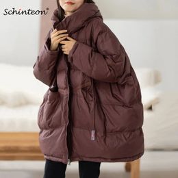 Women's Down Parkas Schinteon Women White Duck Down Jacket Casual Loose Over Size Autumn Winter Warm Outwear with Hood Korean Style Coat 231121