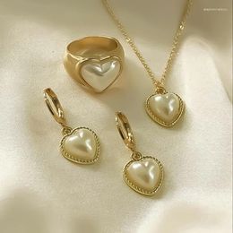 Necklace Earrings Set Fashion 3-piece Pearl Jewelry For Women Korean Heart Ring Pendant Hoop Trendy Elegant Wedding Gift