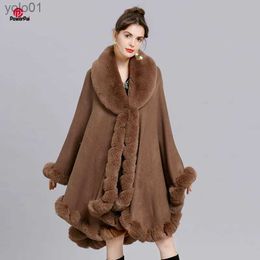 Women's Fur Faux Fur Elegant V Lapel Faux Rex Rabbit Fur Coat Cape Winter Women Big Long Shl Full Trim Fur Knit Cloak Overcoat Parka 2023 NewL231121