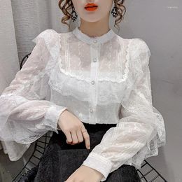 Women's Blouses Women Shirts And Long Sleeve Button Up Cardigan Spring Autumn Korean Lace Chiffon Shirt Ruffle Harajuku White Top 12i