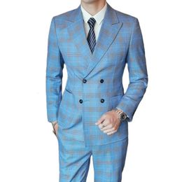 Men's Suits Blazers S 5XL Blazer Pants High end Brand Formal Double Breasted Suit Gray 2 Piece Set Wedding Dress Plaid Groom Party 231120