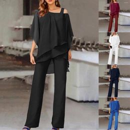 Women's Two Piece Pants Summer Set For Women Elegant One Shoulder Tops Chiffon Blouse And Straight Pant Sets Ladies High Waist Wide