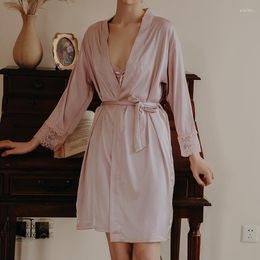 Women's Sleepwear Twinset Robe Set Female Kimono Bathrobe Gown Sexy Patchwork Lace Suspender Nightdress Summer Silk Satin Home Wear