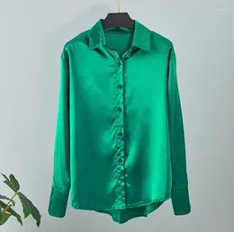 Women's Blouses Vintage Apricot Silk Shirt Women Elegant Satin Long Sleeve Casual Loose Button Up Female Shirts Tops