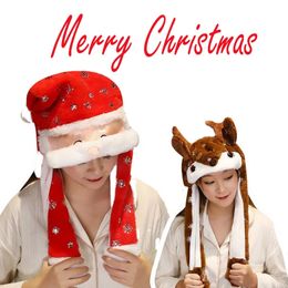 Caps Hats Winter Christmas Hat Santa Fur Moving Ear Jumping Hats Plush Toy Cap Kids Adult Family Match Outfit Funny Gift Cosplay Costume 231120