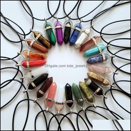 Pendant Necklaces Fashion Quality Natural Stone Crystal Pillar Chakra Pendum Necklace For Woman Leather Chains Jewellery Drop Delivery Dhmrx