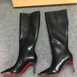 Designer Pointed Boots High Heels Red Shiny Bottoms Thin Heels 8cm 10cm 12cm Black Leather Boot Slender High Heel Fashion Autumn Winter New Short Boots 35-42