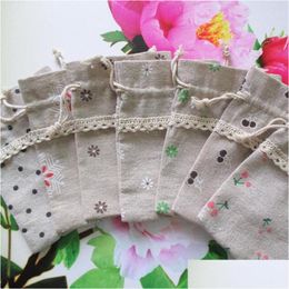 Party Favour Mini Natural Lace Decoration Linen Dstring Flower Print Bag Pouch Gift Bags Jewellery Case Za1398 Drop Delivery Ho Dhaxc