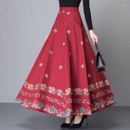 Skirts Spring Cotton Linen National Wind Black Long Skirt Women Fashion Vintage Elastic Waist Embroidered Female Pocket Clothes