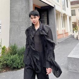 Men's Casual Shirts Summer Men Scarf V-neck See Through 3D Fabric Loose Long Sleeve Dress Blouses Japan Harajuku Stage Clothing