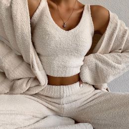Women's Sweaters Fashion Casual 2023 Two Piece Outfits Plush Fluffy Sexy Backless Crop Top And High Waist Pants Matching Set Party Clubwear