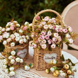 Flores decorativas 15 cabeças/1 pacote de seda chá rosas buquê de noiva para casa natal casamento ano decoração artificial plantas falsas