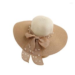 Wide Brim Hats Sun Hat Summer Anti-UV Lady Women Fashion Pearl Ribbon Floppy Straw 2023 Female Travel Vacation Beach