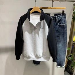 Men's Hoodies Autumn Half-zip Embroidered Raglan Color-blocked Stand-up Collar Sweatshirt Loose Casual High Street Male Clothes