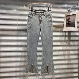 Women's Jeans PREPOMP 2023 Spring Arrival Rhinestone Tassel Stretch Light Blue Long Flare Denim Pants Women Slim GH923