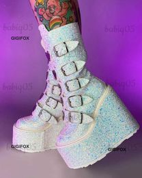 Boots GIGIFOX White Glitter Goth Platform High Wedges Mid Calf Boots Love Heart Decor Zip Sequined Fashion Shoes Autumn women's Boots T231121