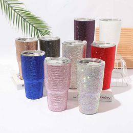 Mugs 30oz900ml Diamond Stainless Steel Tumblers Coffee Thermos Cup Double Layer Water Bottle for Home Office Drinkware Gift Z0420