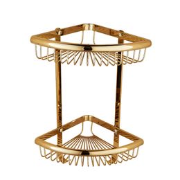 Bathroom Shelves European Copper Bathroom Corner Basket Brass 2 Layers Bathroom Basket Gold Bathroom Accessories Set Wall Hanging Storage Rack 230421