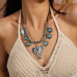 Pendant Necklaces Ethnic Big Heart Elephant For Women Bohemian Turquoises Black PU Leather Statement Tribal Jewelry