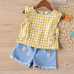 Clothing Sets 2023 Summer Girl Set Plaid Sleeveless Top Denim Shorts 2Pcs Kids Children Clothes For 2-6 Years