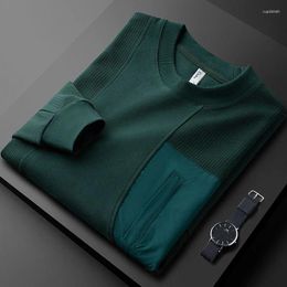 Men's Hoodies Light Luxury Fashion Design Spliced Round Neck Sweater For Men 2023 Autumn High Grade Dark Green Casual Long Sleeve T-shirt