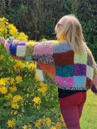 Colorful Patchwork Plaid Knitted Cardigan Coat Fashion Loose Crochet Lantern Sleeve Cropped Jacket Autumn Female Streetwear