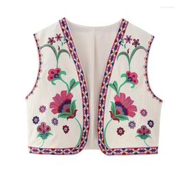Women's Vests Floral Embroidery Vintage Short Vest Jacket Fashion National Style Casual Stylish Patchwork Women Crop Waistcoat