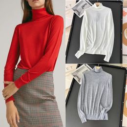 Women's Sweaters 2023 Autumn 3 Colour Simple Elegant Elastic Slim High Neck Long Sleeve Knitted Sweater