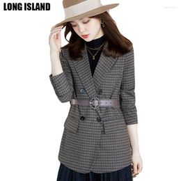 Women's Suits Women Jacket With PU Belt Plaid Grey Colour Fashion Casual Style Winter Outer Formal Wear For Office Ladies