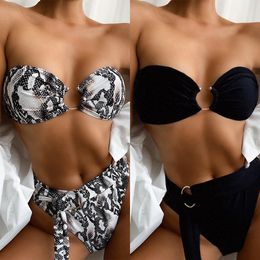 Women's Swimwear Sexy Bikini Bandeau Women Snakeskin Black Swimwear Swimsuit Bikini Set Bathing Suit Female Belt Metal Hoop Decor Banadores 230421