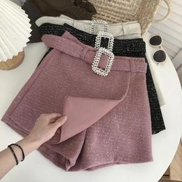 Women's Shorts Retro Loose Tweed For Women Autumn Winter Irregular High Waisted Bright Silk A-line Wide Leg Short Pants With Belt