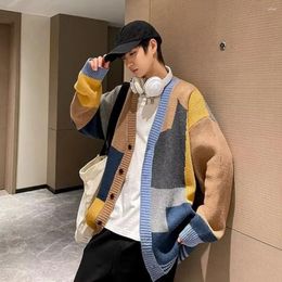 Men's Sweaters Spring Sweater Coat Men Knitted Stylish Colorblock Warm Mid-length V-neck Cardigan For Fall