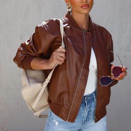 Women's Leather Women Faux Shirt Jacket With Pockets Moto Biker Coat Solid Colour PU Long Sleeve Jackets Clubwear