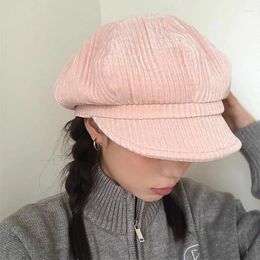 Berets Pink Corduroy Fashion Autumn-winter Warm Octagon Hat For Women Showing Face Little Girls Black Painter