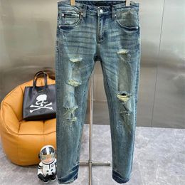 Men's Jeans Fashion Men Spring Autumn Casual Break Hole Straight Slim Stretch Denim Trousers Vintage Pencil Pants