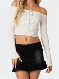Women's T Shirts CHRONSTYLE Women Off-Shoulder Crop T-Shirts Tops Knitwear Solid Color Long Sleeve Tie-up Knitted Slim Fit Sexy Tees 2024