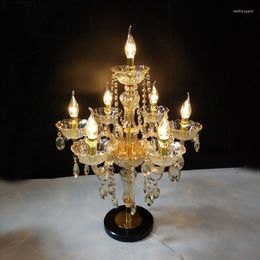 Table Lamps E14 7 Led Large Champagne Gold Wedding Candlestick Luz Party Crystal Glass Candle Holder Lamp Living Room