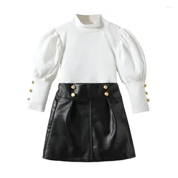 Clothing Sets Toddler Girl 2 Piece Outfit Solid Color Long Sleeve Shirts And Leather A-Line Skirt Set For Fall Clothes