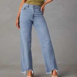 Women's Jeans Pants Female Vintage Denim Fashion Fringed Straight Leg Trousers High Waist Stretch Pocket Women